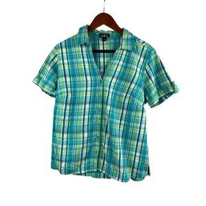 Erika Womens Medium Short Sleeve Plaid Button-Up Shirt - Teal & Green Cotton